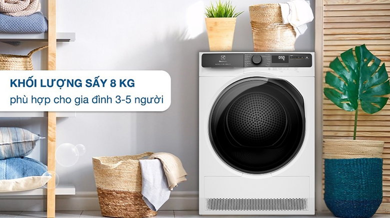 Máy sấy bơm nhiệt ELECTROLUX 8 kg EDH803J5WC - Khối lượng sấy 8kg phù hợp với gia đình từ 3-5 người