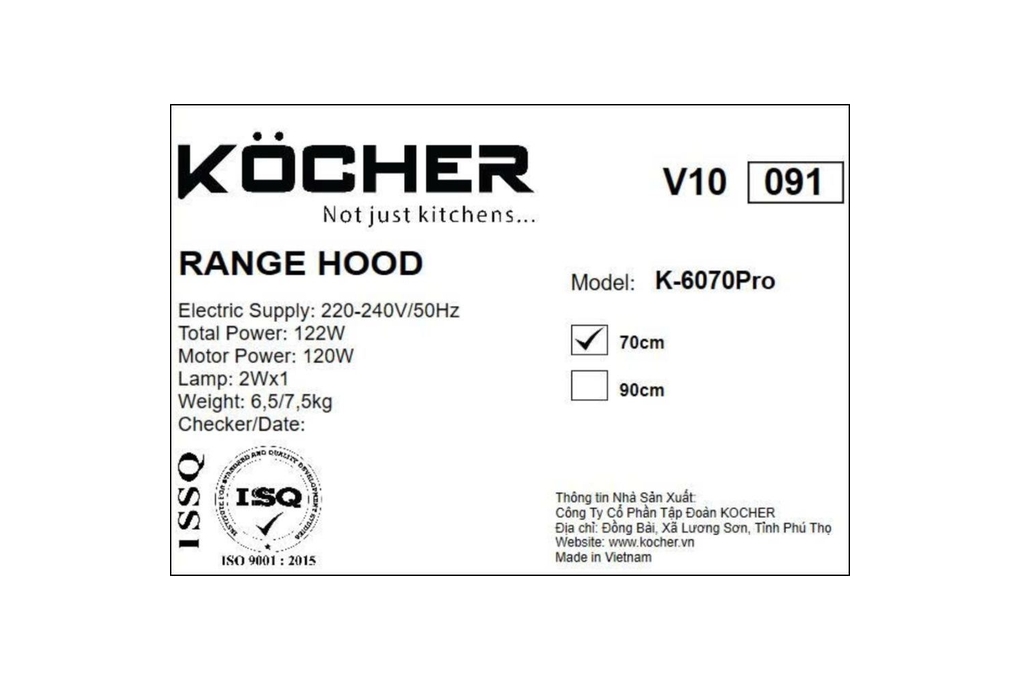 Máy hút mùi âm tủ Kocher K-6070PRO Máy hút mùi âm tủ Kocher K-6070PRO