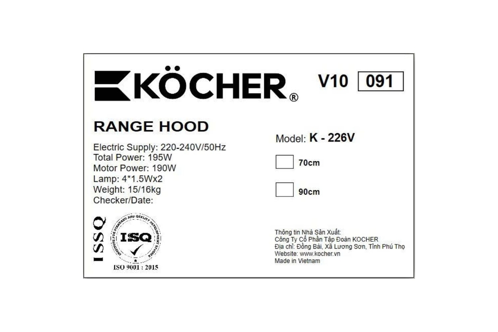 Máy hút mùi kính cong Kocher K-226V - 70 cm Máy hút mùi kính cong Kocher K-226V - 70 cm
