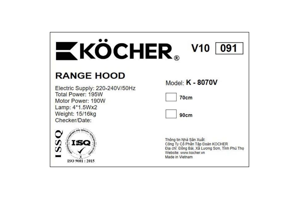 Máy hút mùi kính cong Kocher K-8070V Máy hút mùi kính cong Kocher K-8070V