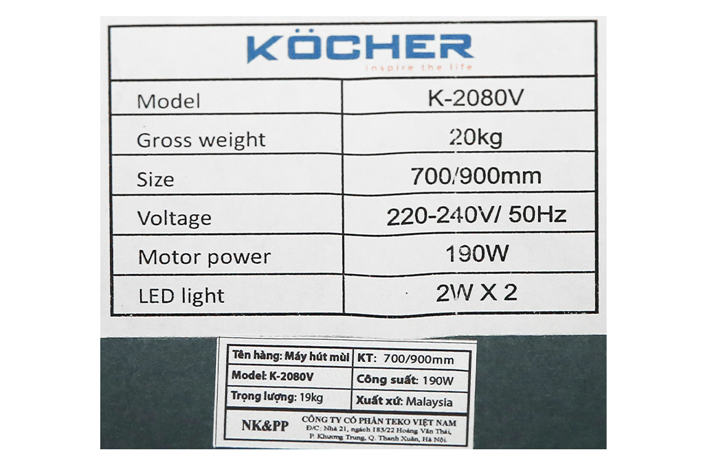 Máy hút mùi kính vát Kocher K-2080V 70 Máy hút mùi kính vát Kocher K-2080V 70