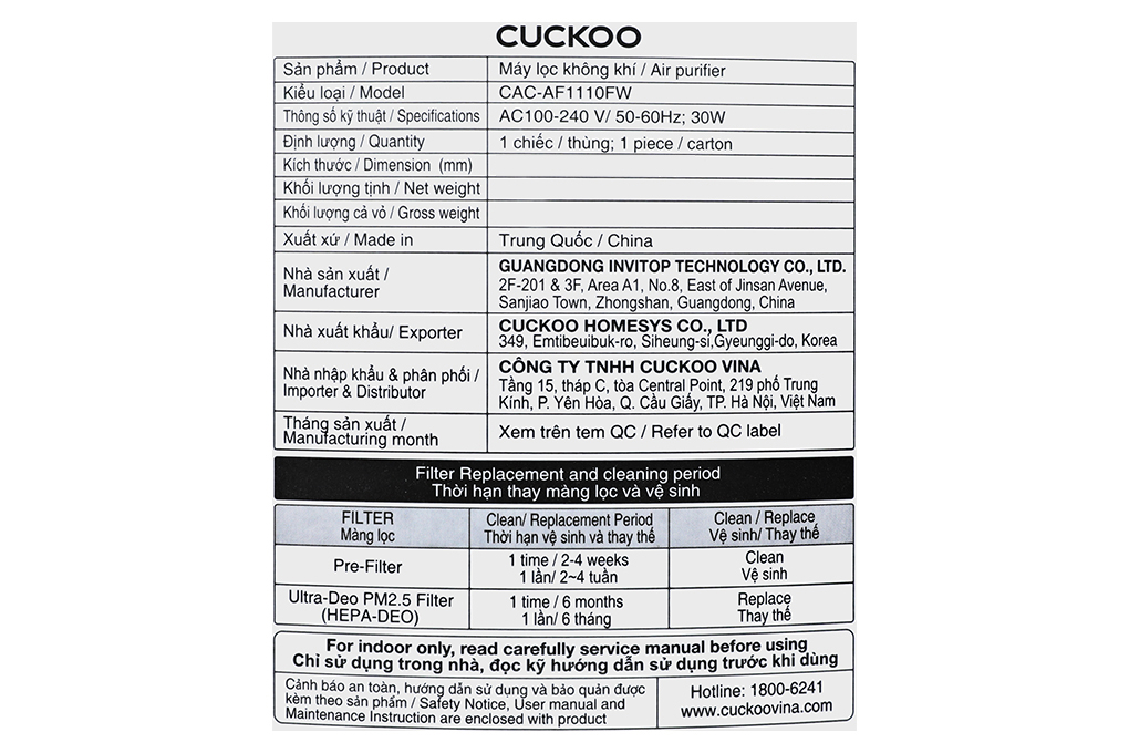 Máy lọc không khí Cuckoo CAC-AF1110FW/WHCKV 30W Máy lọc không khí Cuckoo CAC-AF1110FW/WHCKV 30W