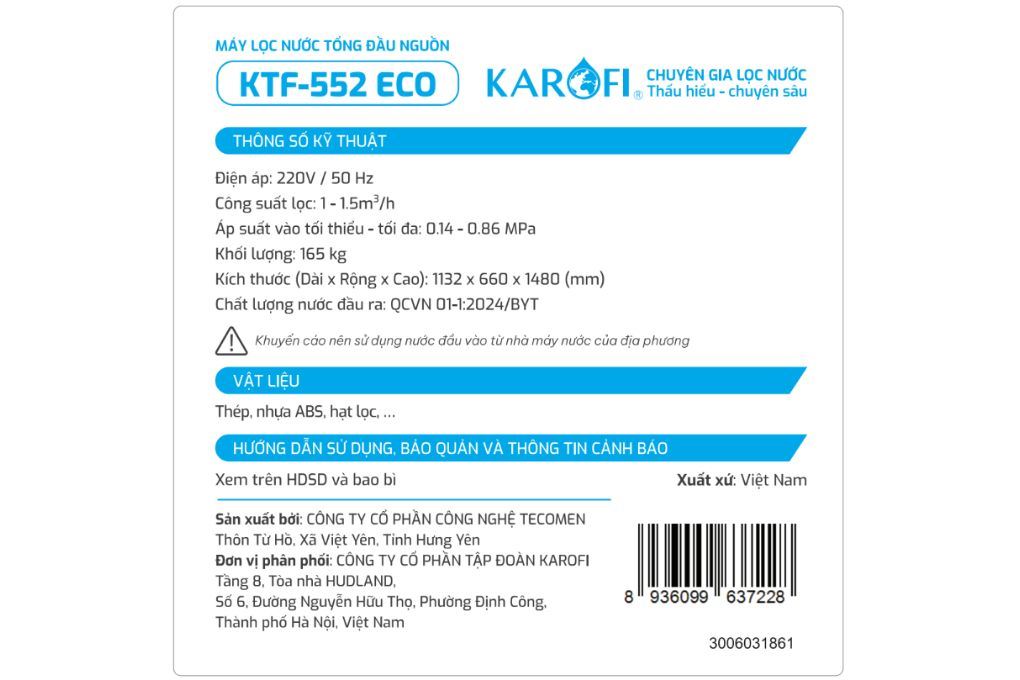 Máy lọc tổng đầu nguồn Karofi KTF-552 ECO Máy lọc tổng đầu nguồn Karofi KTF-552 ECO