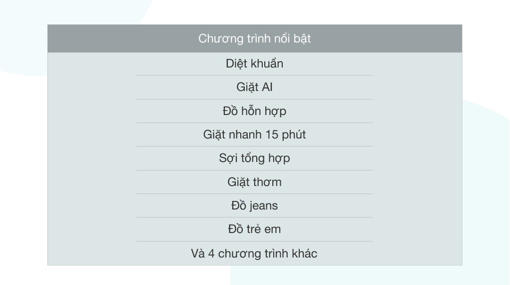 Máy giặt Aqua Inverter 10 kg AQD- DD1002G.BK - Khối lượng và chương trình giặt Máy giặt Aqua Inverter 10 kg AQD- DD1002G.BK - Khối lượng và chương trình giặt