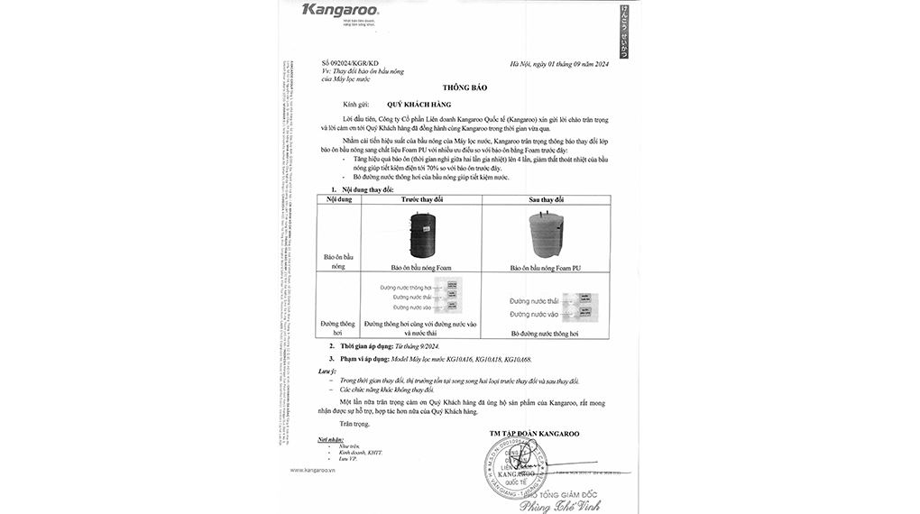 Máy lọc nước RO nóng nguội lạnh Kangaroo KG10A18 10 lõi - Công văn